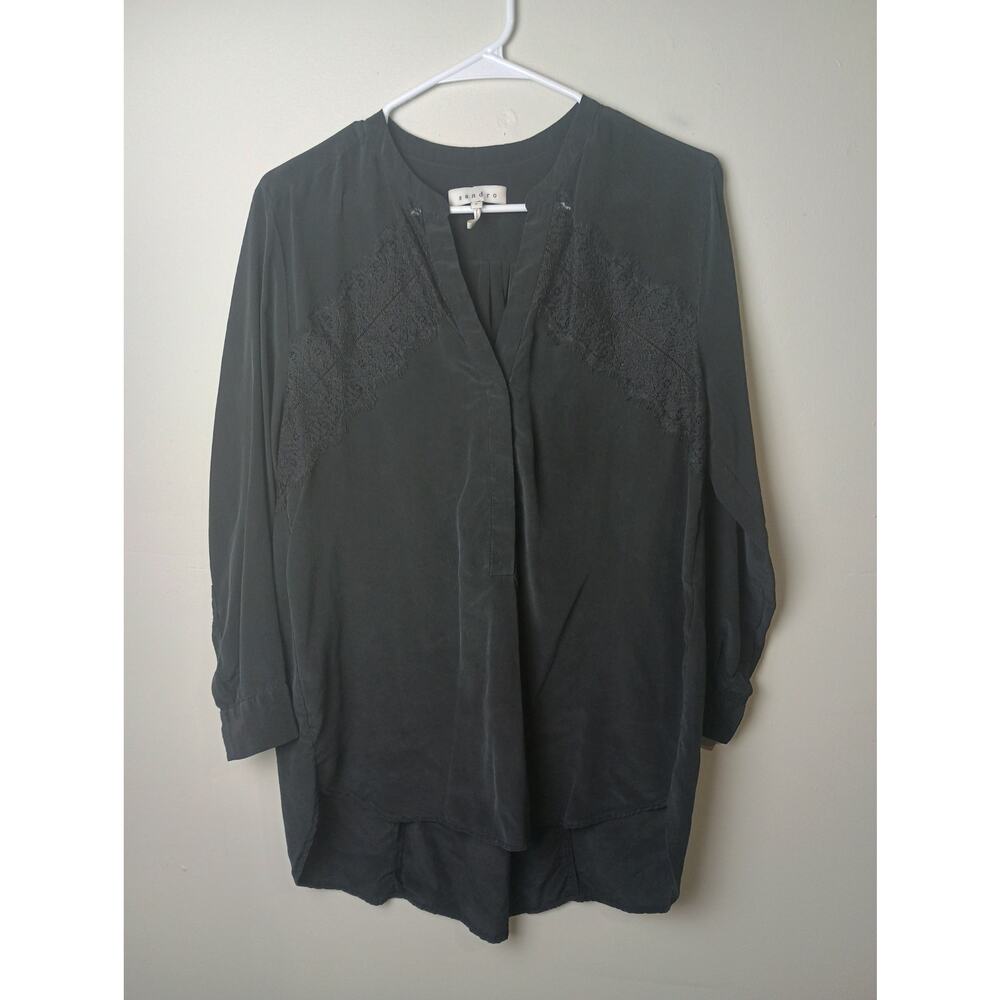 Sandro Paris Black 100% Silk Lace Blouse Women Size 2‎ Long sleeve
